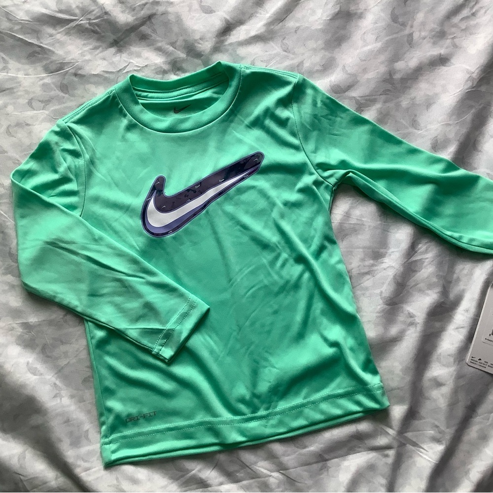 Nike Green Glow Youth Long Sleeve Top with Navy and White Swoosh